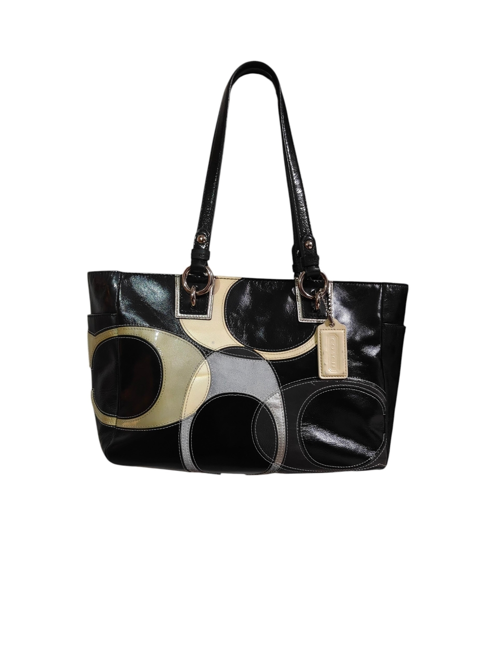 Coach Black Leather Shoulder Tote with Cream and Gray Circle Inlay